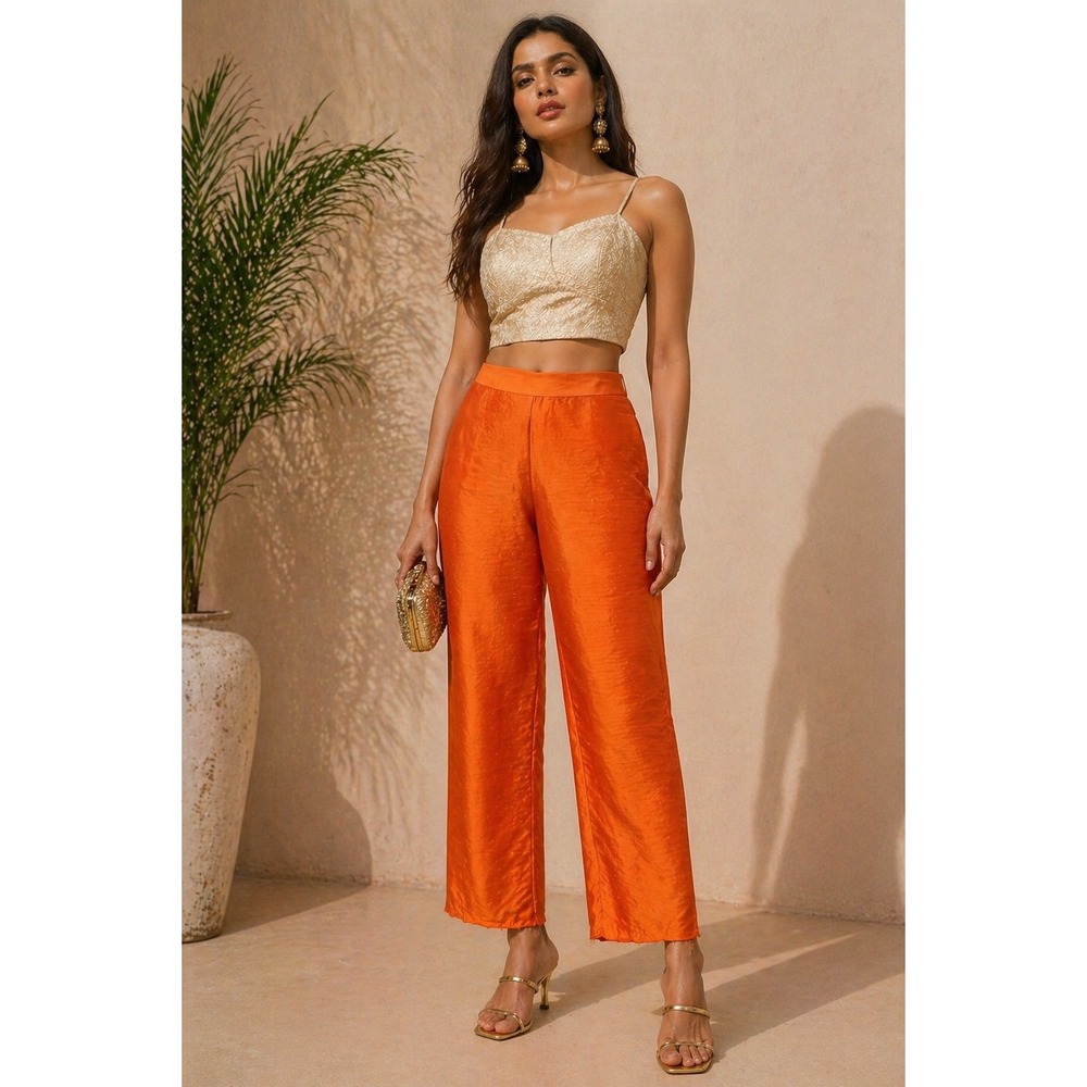 KALKI Orange 100% Silk Pants NWT Cropped Straight Leg‎ Indian Kurta Bottoms S M